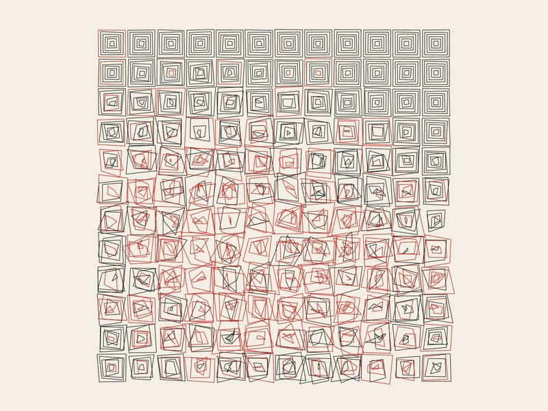 Molnár-style concentric squares growing disordered where it is hot