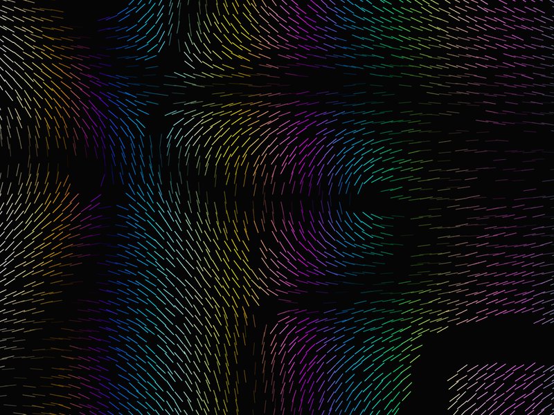 Short coloured strokes following a liquid-crystal field between crossed polarisers