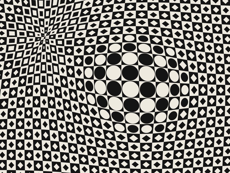 A Vasarely grid of plastic units bulging round two lens centres